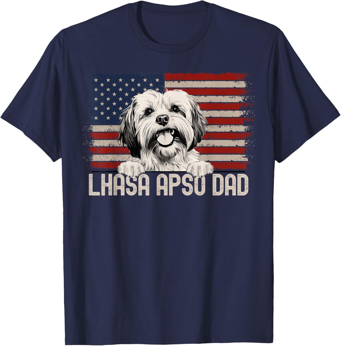 Best Dog Dad Ever American Flag - Lhasa Apso Dad T-Shirt - T-Shirt | Navy