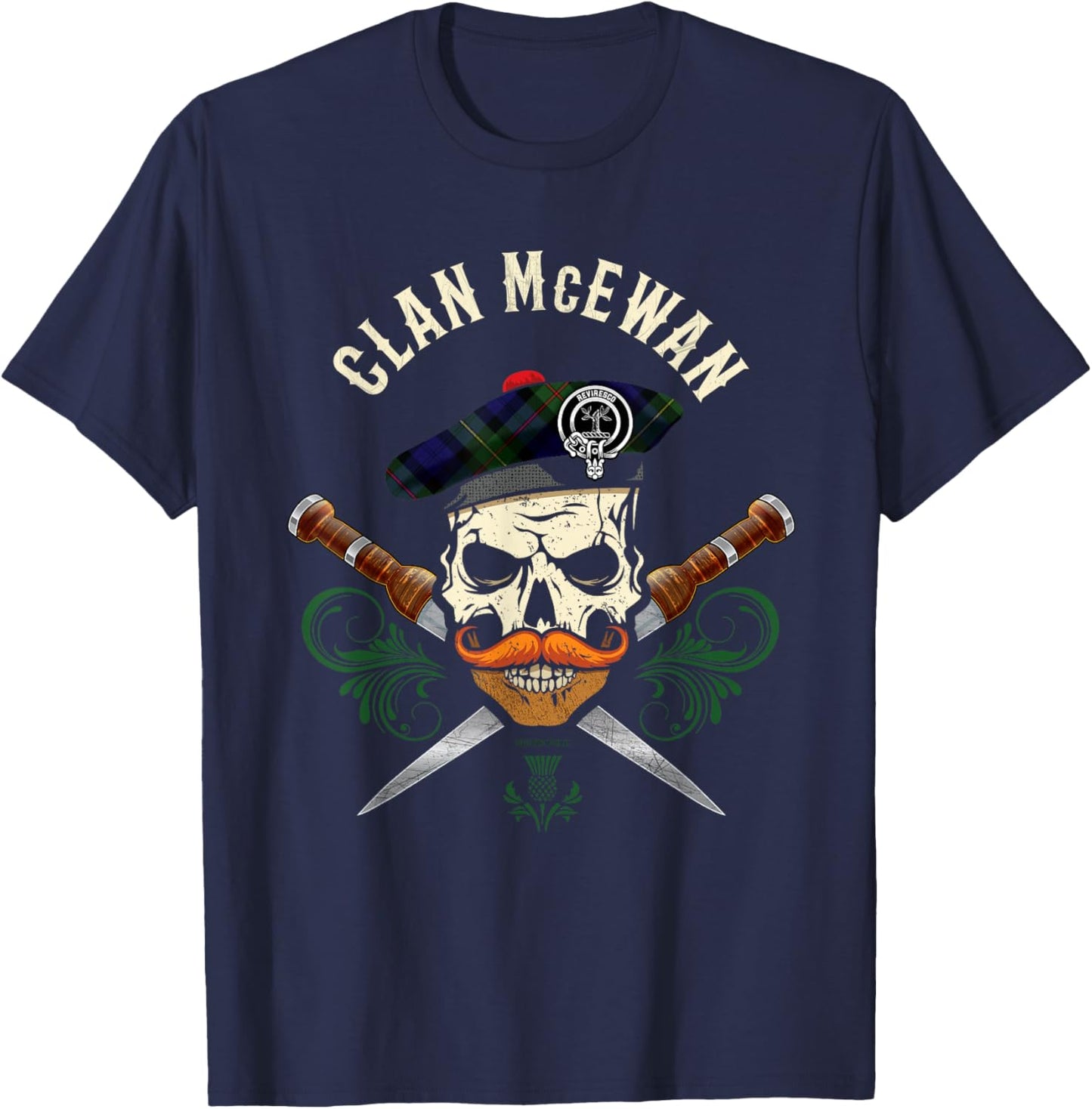 Scottish Clan McEwan Surname Skull Dirks Tartan Badge T-Shirt - T-Shirt | Navy