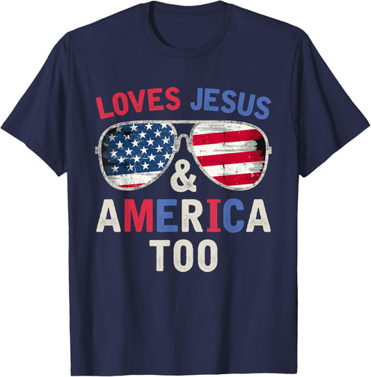 Loves Jesus and America Too God Christian Groovy 4th of July T-Shirt - T-Shirt | Navy