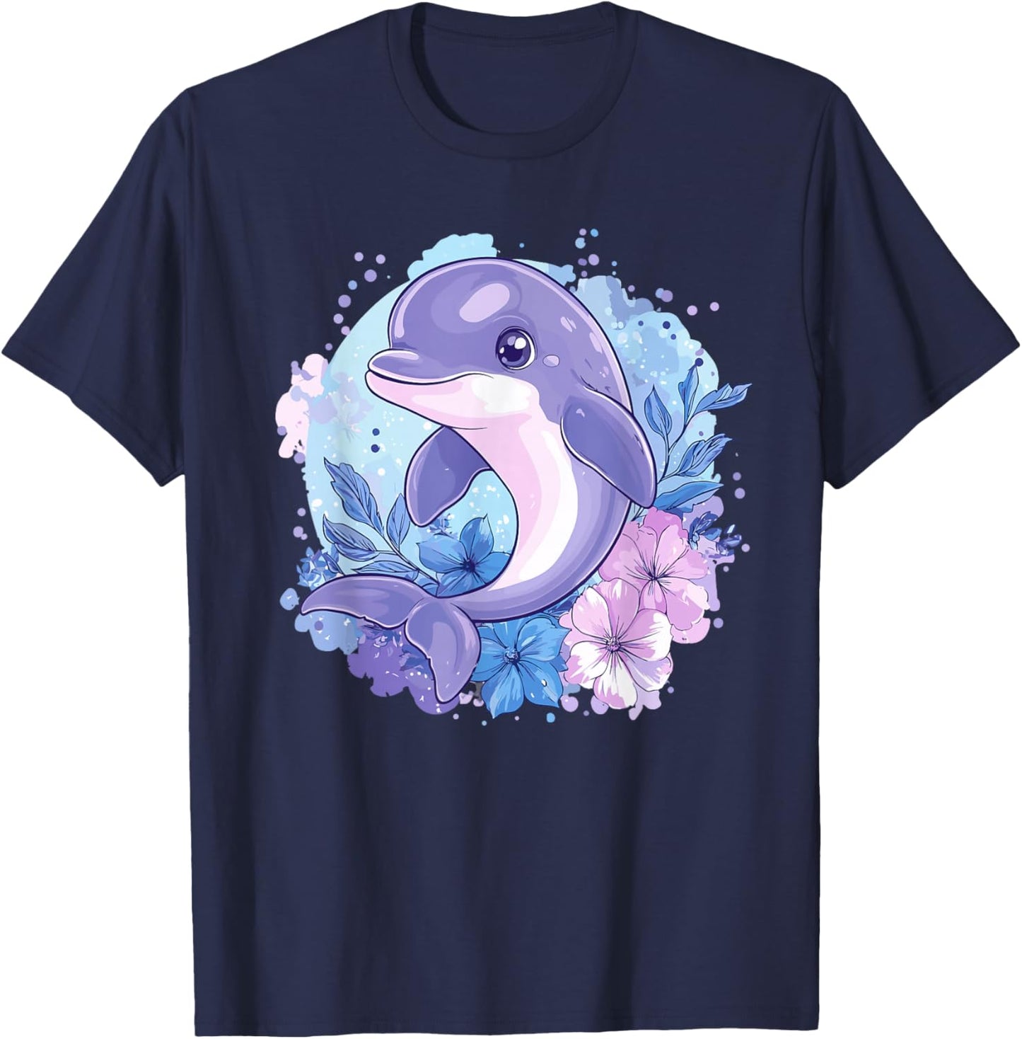 Adorable Dolphin Surrounded By Flowers T-Shirt - T-Shirt | Navy