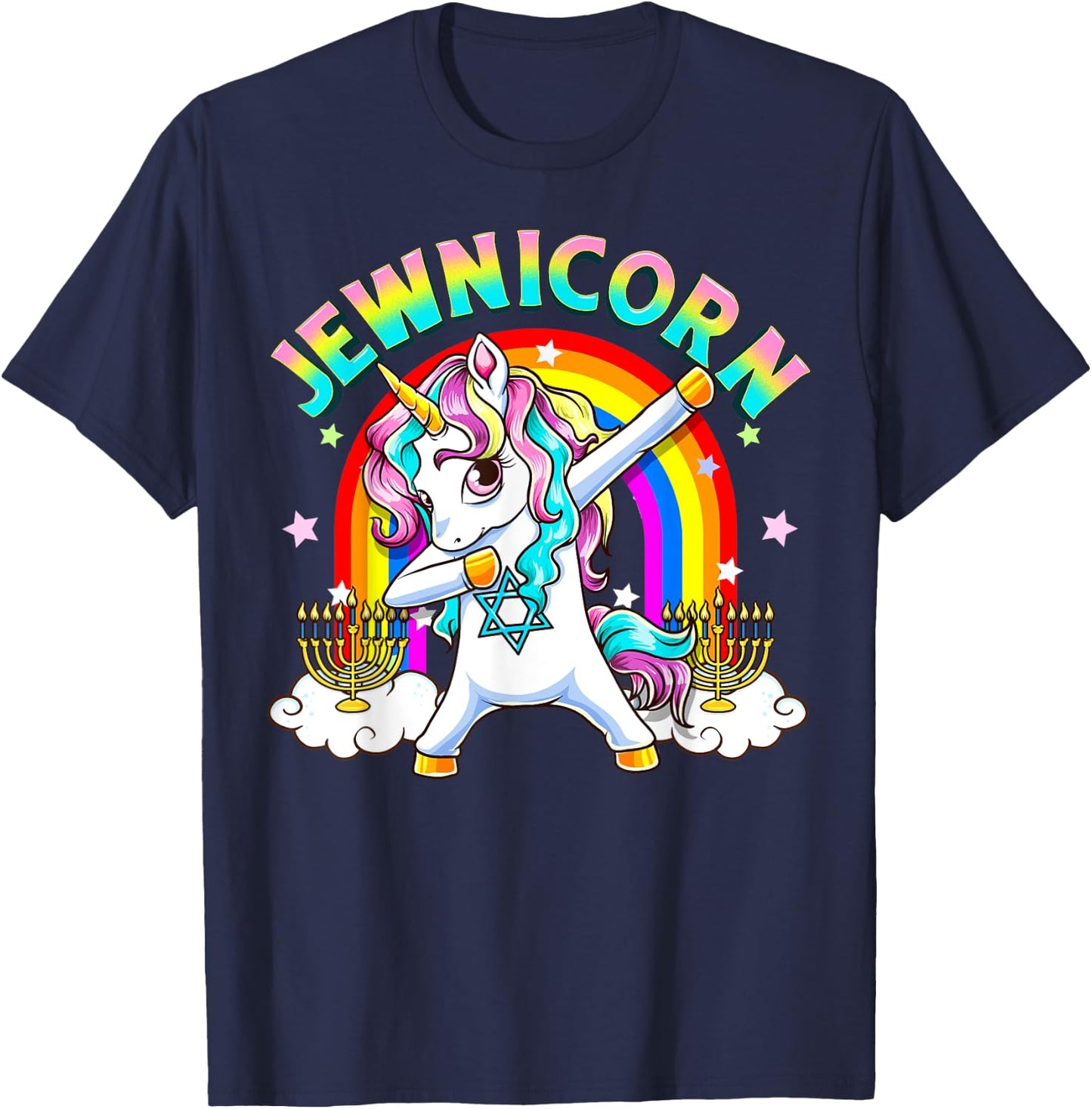 Jewnicorn Funny Cute Hanukkah Jewish Rainbow Unicorn Menorah T-Shirt - T-Shirt | Navy