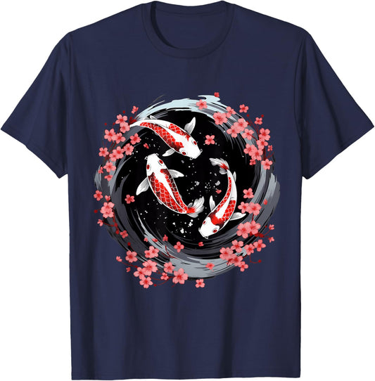 Japanese Koi Carp Ying Yang Nishikigoi Fish Cherry Blossom T-Shirt - T-Shirt | Navy