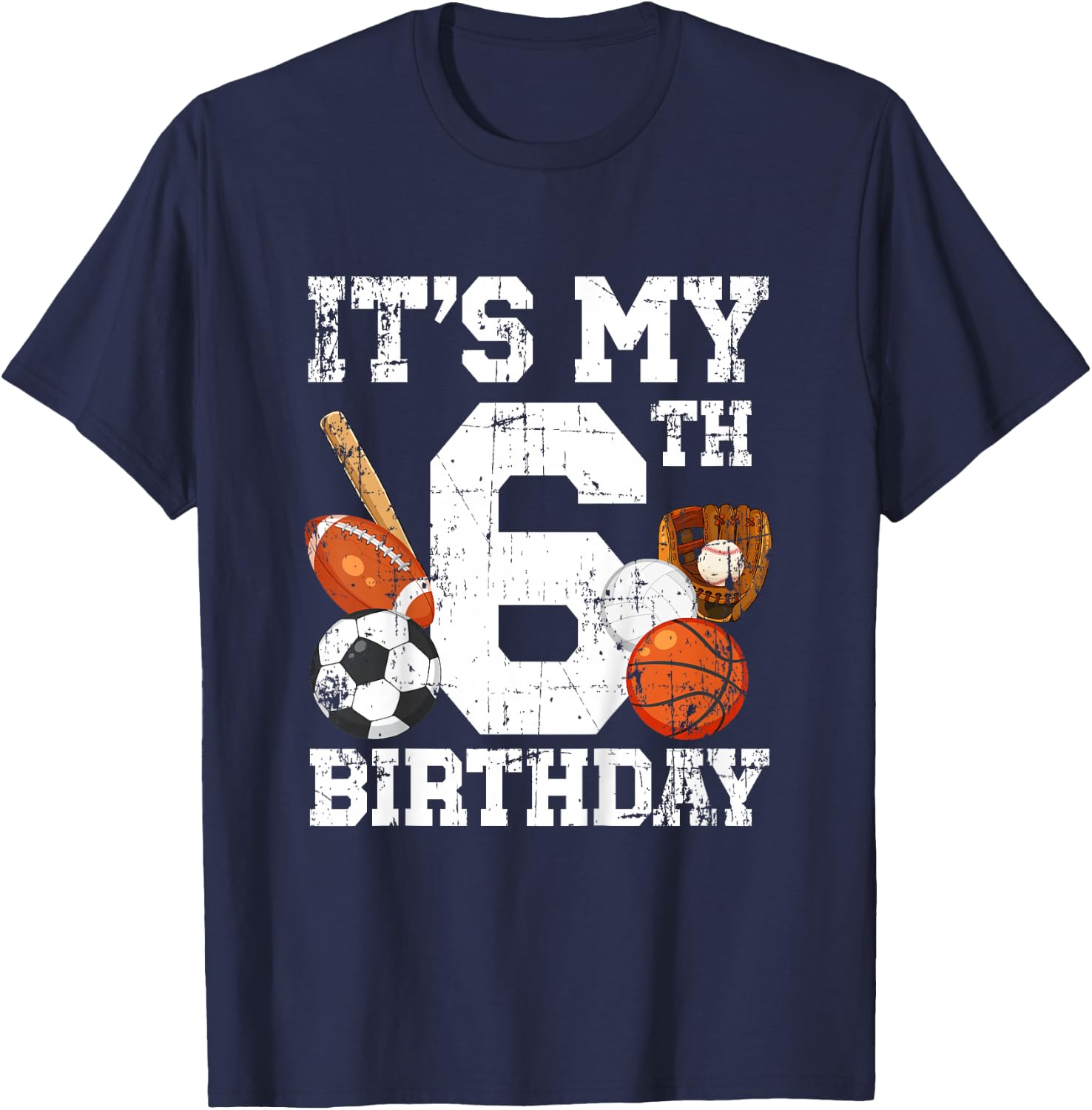 6 Year Old Sports Birthday Theme Sixth Bday Kids 2T Black Sports Birthday T-Shirt - T-Shirt | Navy