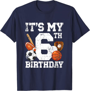 6 Year Old Sports Birthday Theme Sixth Bday Kids 2T Black Sports Birthday T-Shirt - T-Shirt | Navy