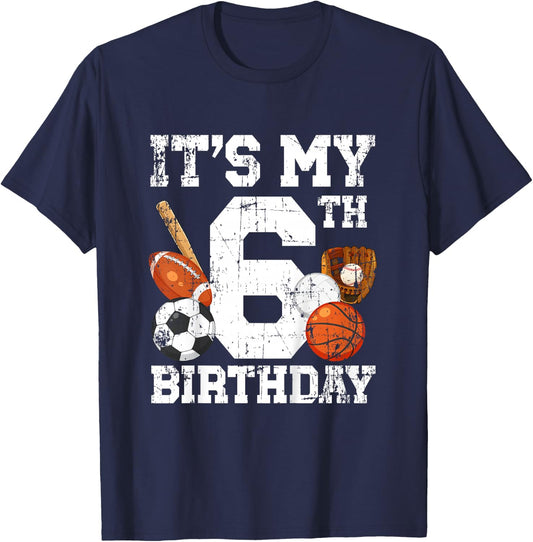 6 Year Old Sports Birthday Theme Sixth Bday Kids 2T Black Sports Birthday T-Shirt - T-Shirt | Navy