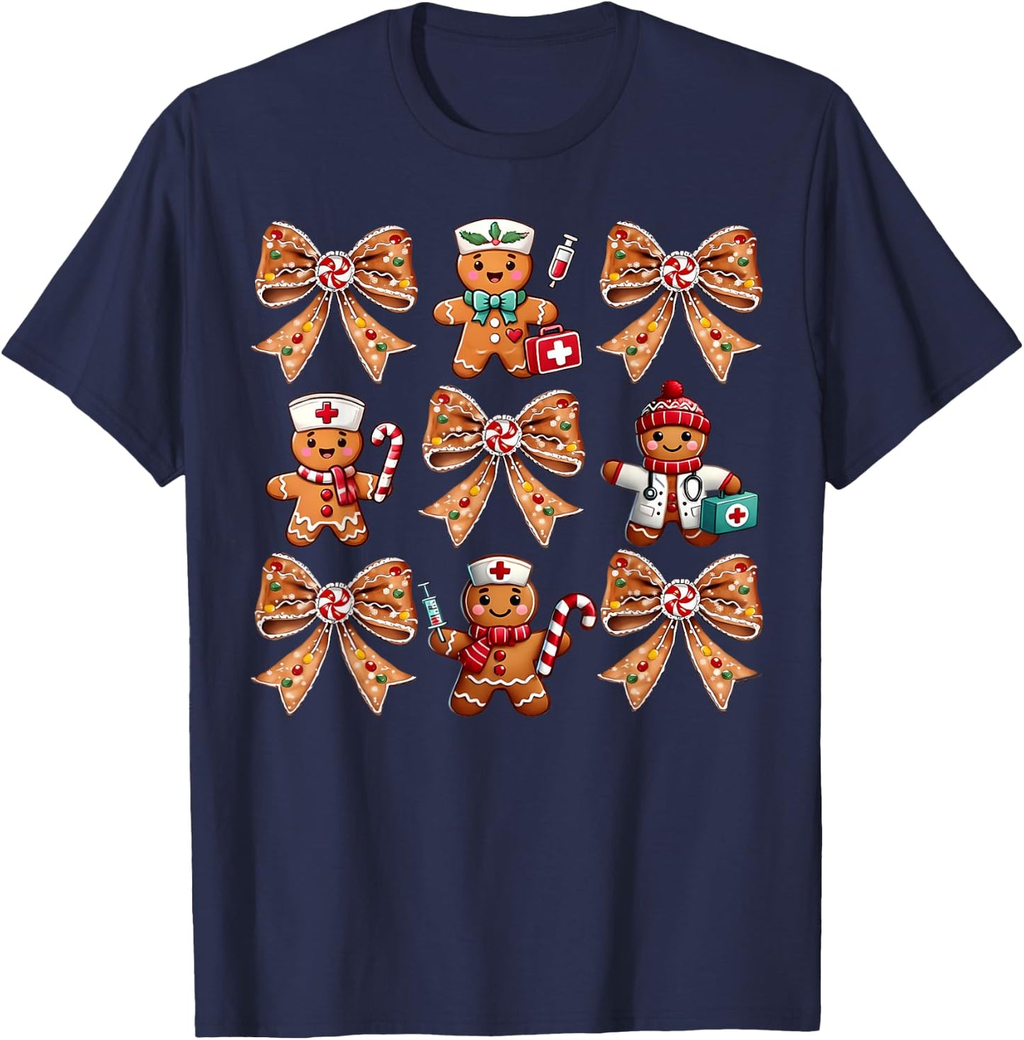 Coquette Bow Gingerbread Christmas Nurse Xmas Holiday T-Shirt - T-Shirt | Navy