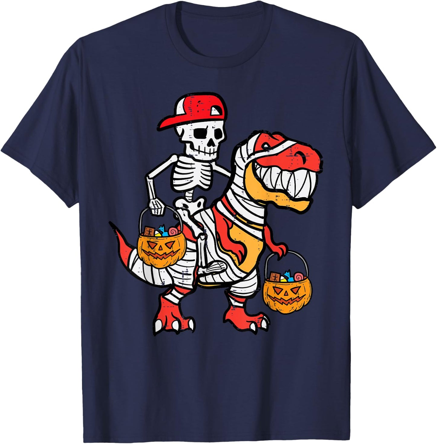 Cool Skeleton Cap Dino Mummy Toddler Boy Halloween Boys Kids T-Shirt - T-Shirt | Navy
