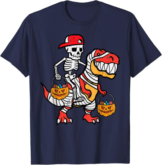 Cool Skeleton Cap Dino Mummy Toddler Boy Halloween Boys Kids T-Shirt - T-Shirt | Navy