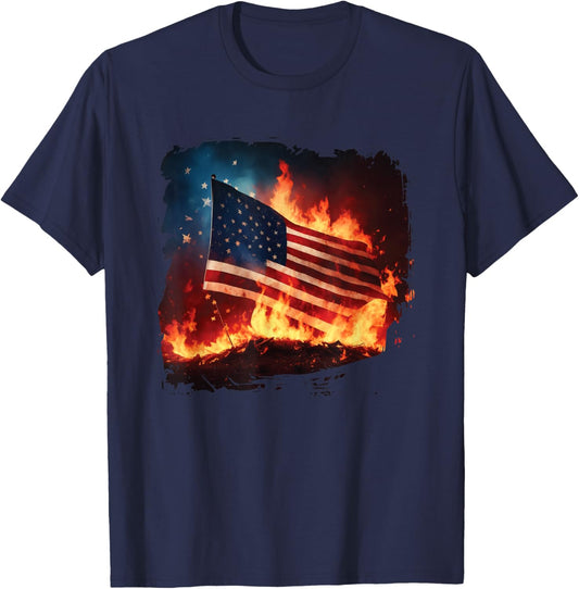 Fire and Flames of America Burning Patriotic American Flag T-Shirt - T-Shirt | Navy