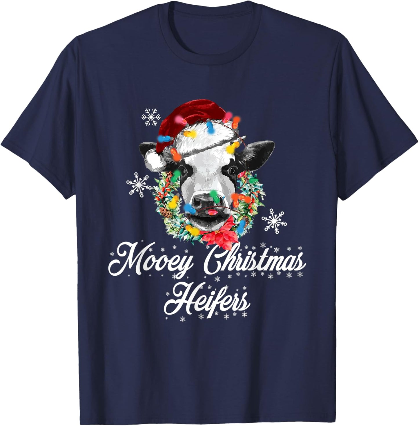 Mooey Christmas Heifers Santa Cow Christmas Lights Funny T-Shirt - T-Shirt | Navy