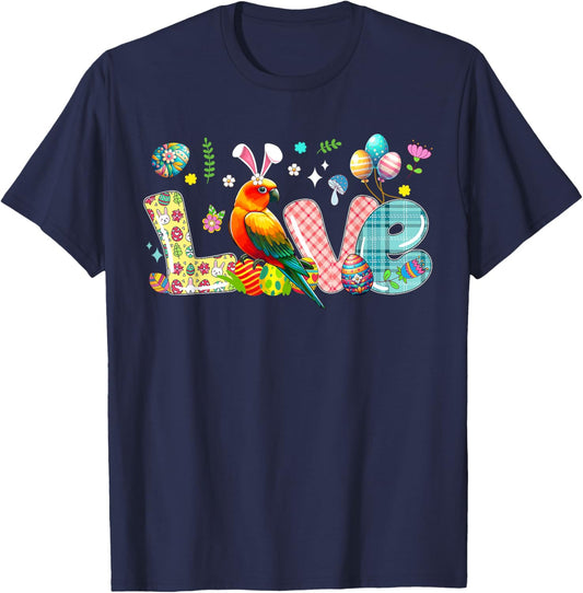 Love Easter Bunny Sun Conure Hunting Eggs Flowers Colourful T-Shirt - T-Shirt | Navy