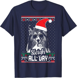 Sleigh all Day Funny Shetland Sheepdog Christmas T-Shirt - T-Shirt | Navy