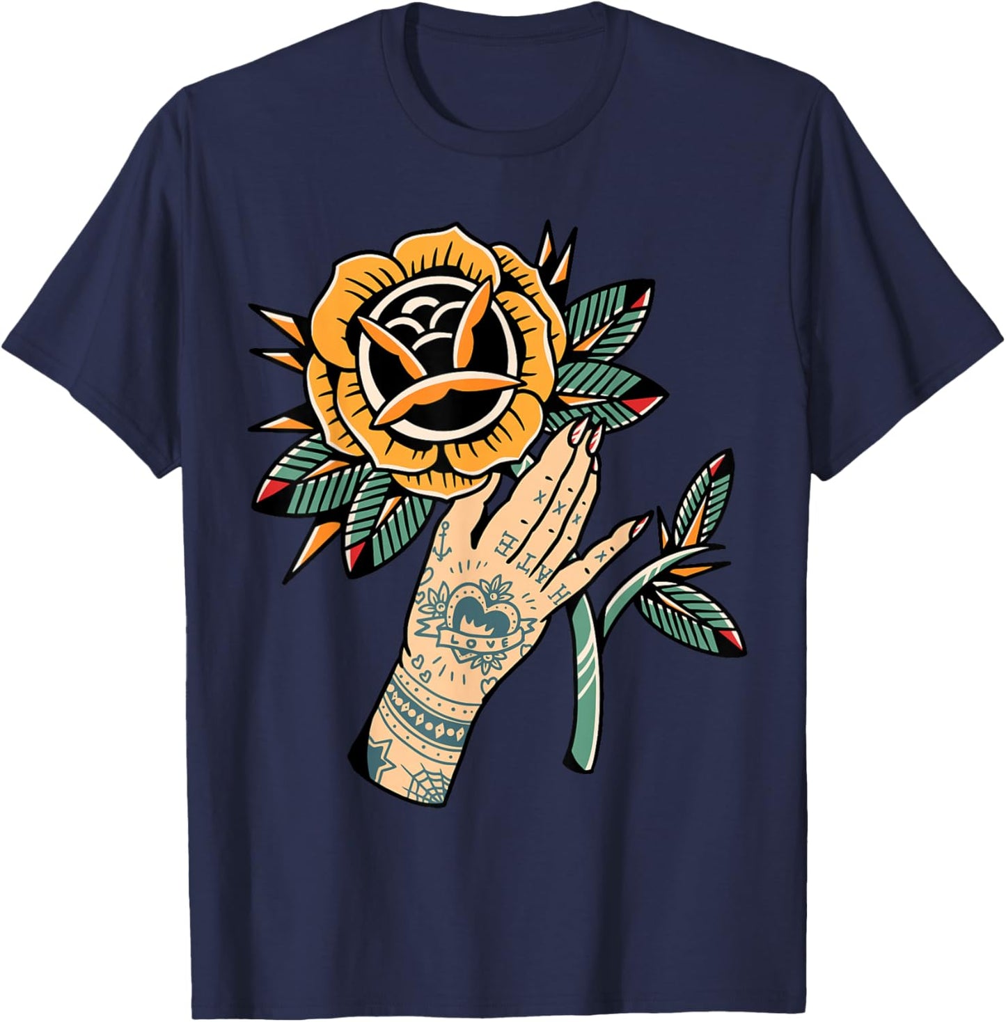 Rose x Tattoo Hand T-Shirt - T-Shirt | Navy
