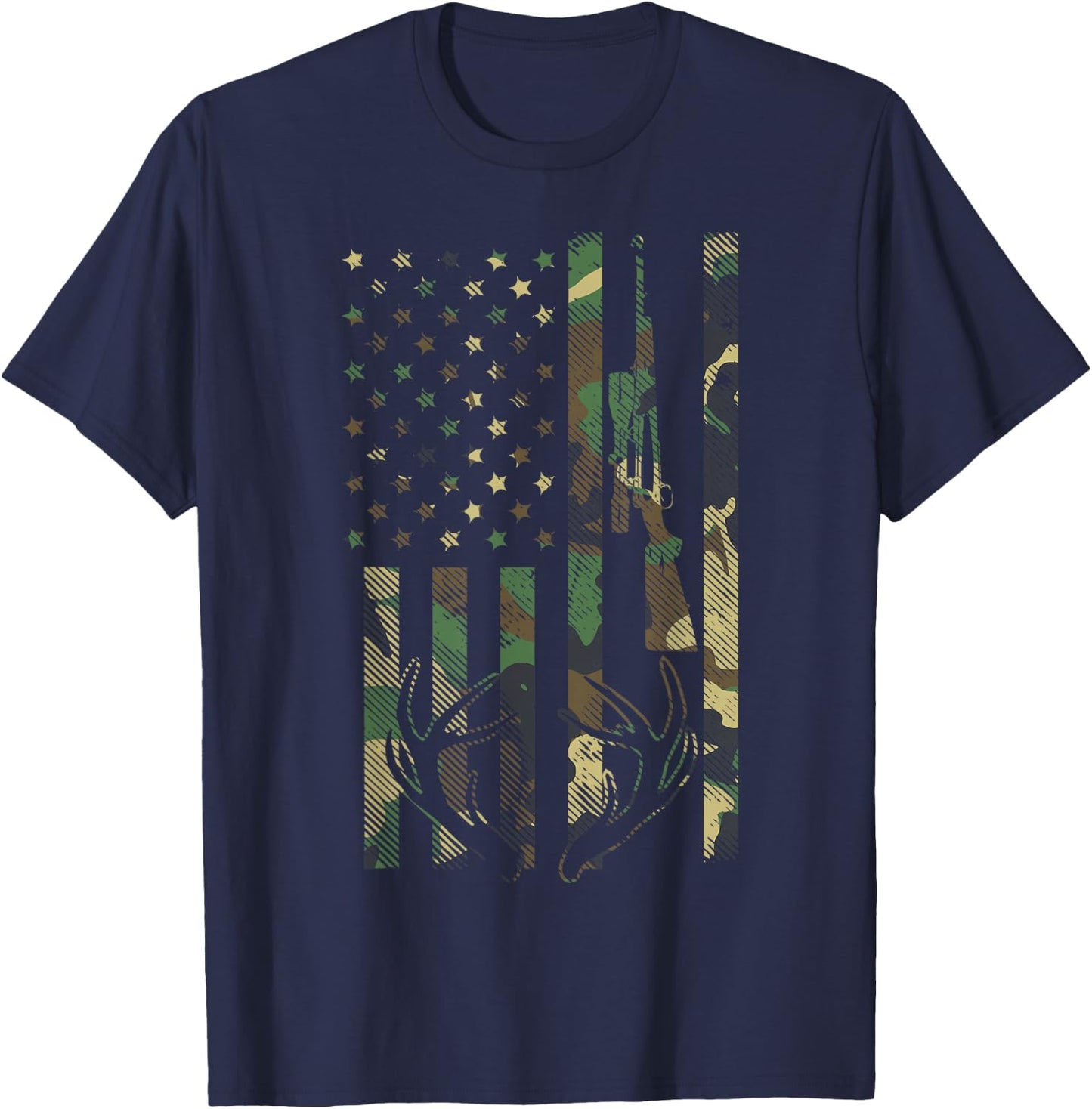 Camo American Flag Rifle Antler Deer Hunting Gun Hunter Gift T-Shirt - T-Shirt | Navy