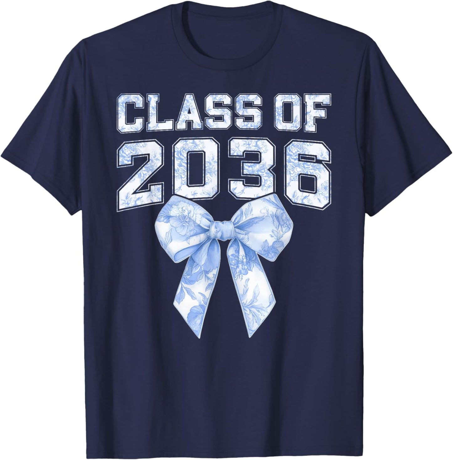 Class of 2036 Coquette Bow Blue Toile Floral Preppy Kid Girl T-Shirt - T-Shirt | Navy
