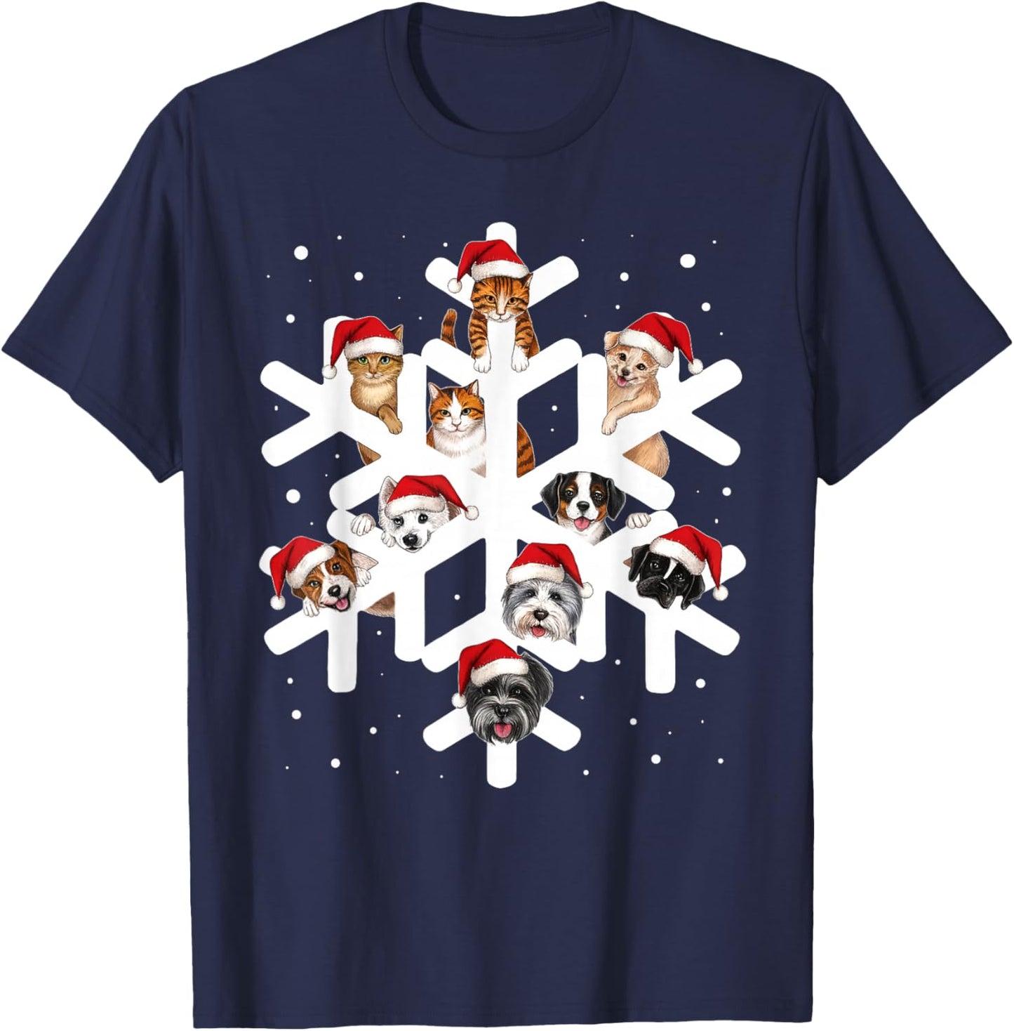 Cute Snowflake Cats Dogs Santa Hat Pets Lover Christmas Pjs T-Shirt - T-Shirt | Navy