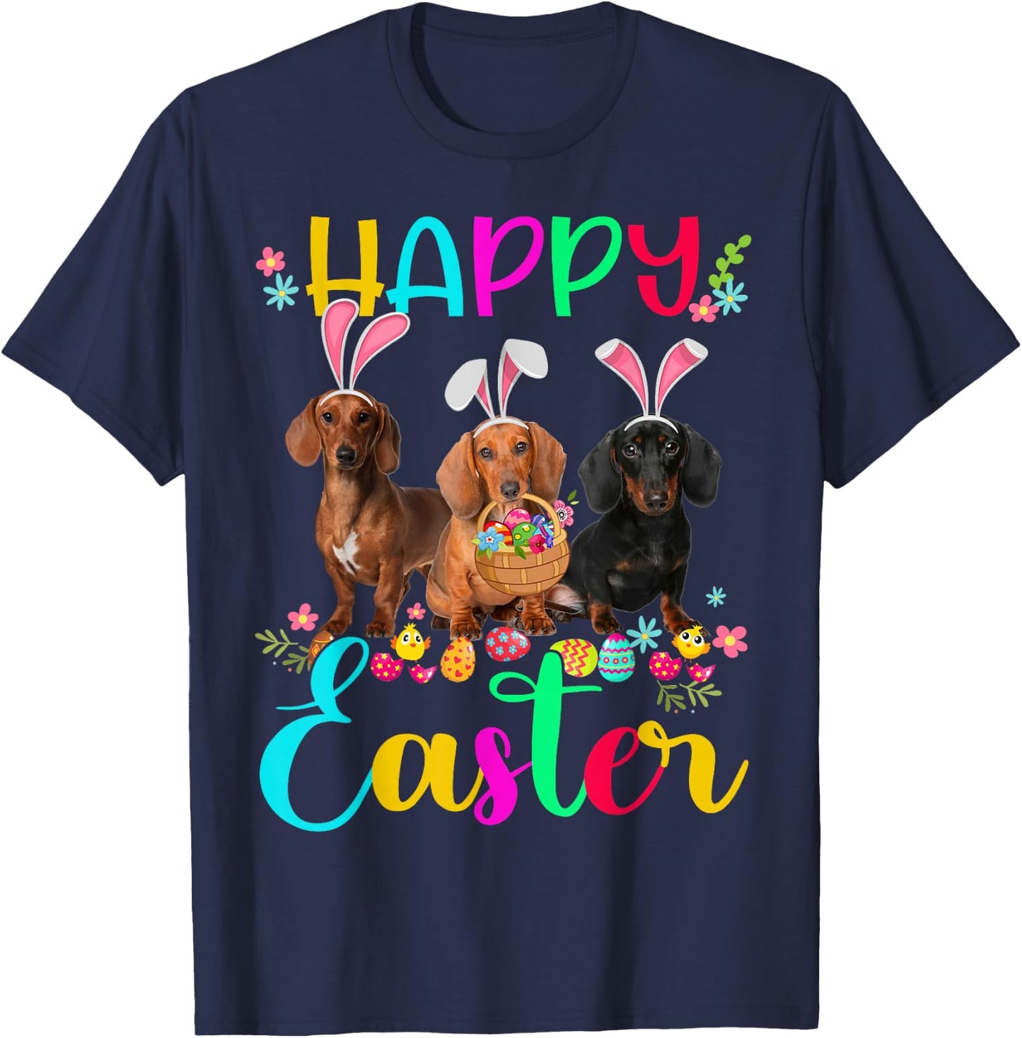 Happy Easter Three Dachshund Wearing Bunny Ear Gifts T-Shirt - T-Shirt | Navy