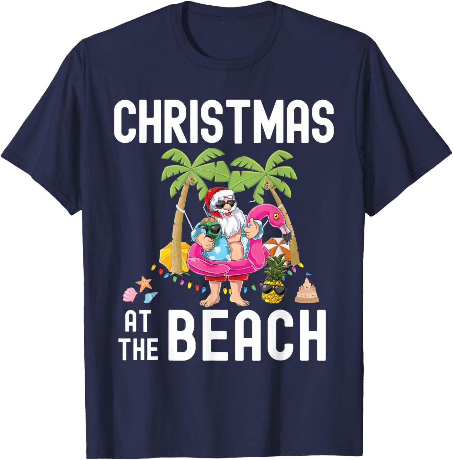 Palm Tree Santa Surfing Summer Christmas At The Beach T-Shirt - T-Shirt | Navy