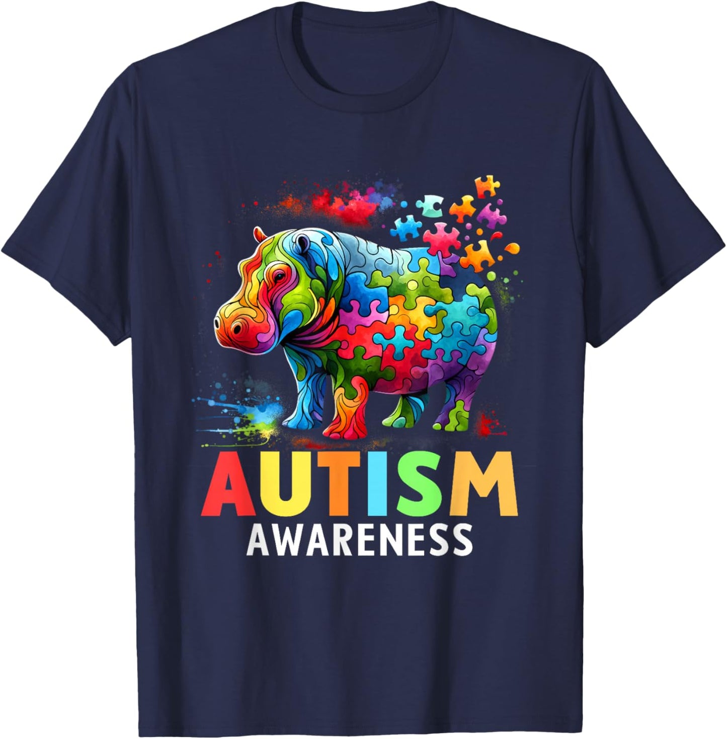 Hippo Autism Awareness Month Autistic T-Shirt - T-Shirt | Navy