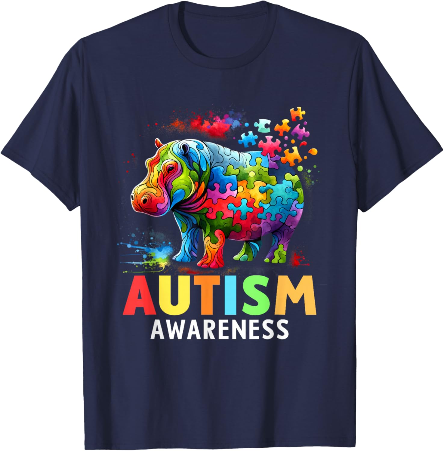 Hippo Autism Awareness Month Autistic T-Shirt - T-Shirt | Navy