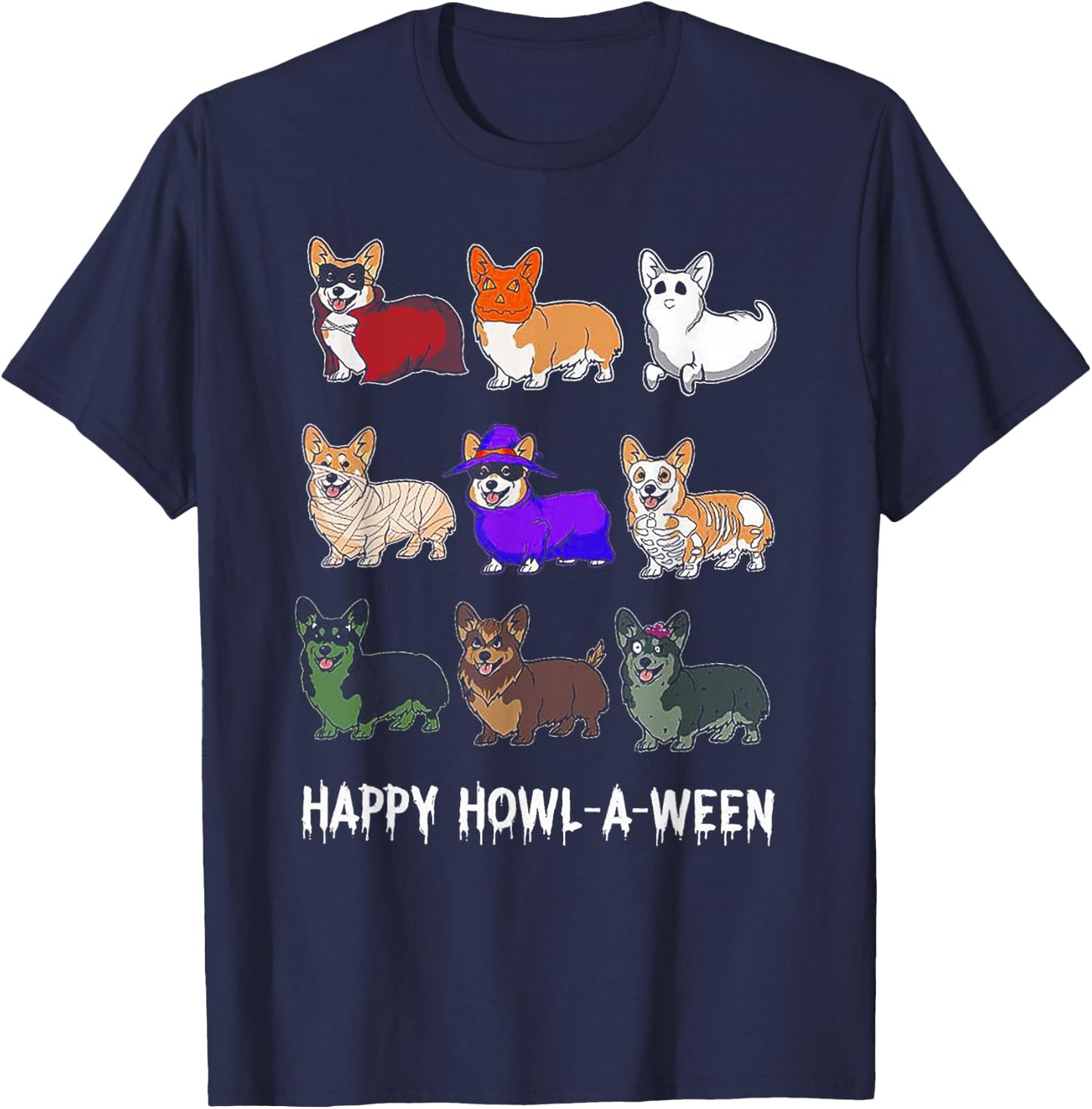 Funny Corgi Dog Halloween Happy Howl-o-ween T-Shirt - T-Shirt | Navy