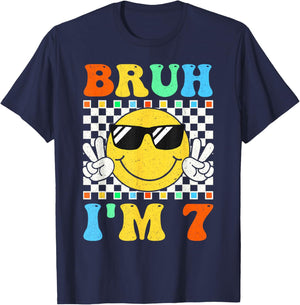 Bruh I'm 7 Year Old Gifts 7th Birthday Boy Seven Smile Face T-Shirt - T-Shirt | Navy