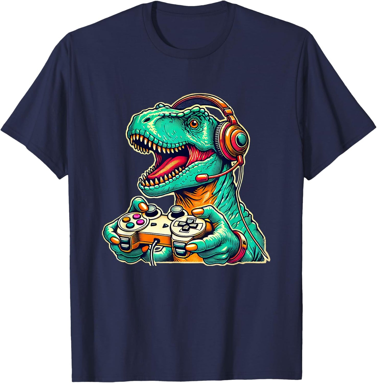 Cool Gamer Dino T-Rex Gamer Dinosaur Gaming T-Shirt - T-Shirt | Navy