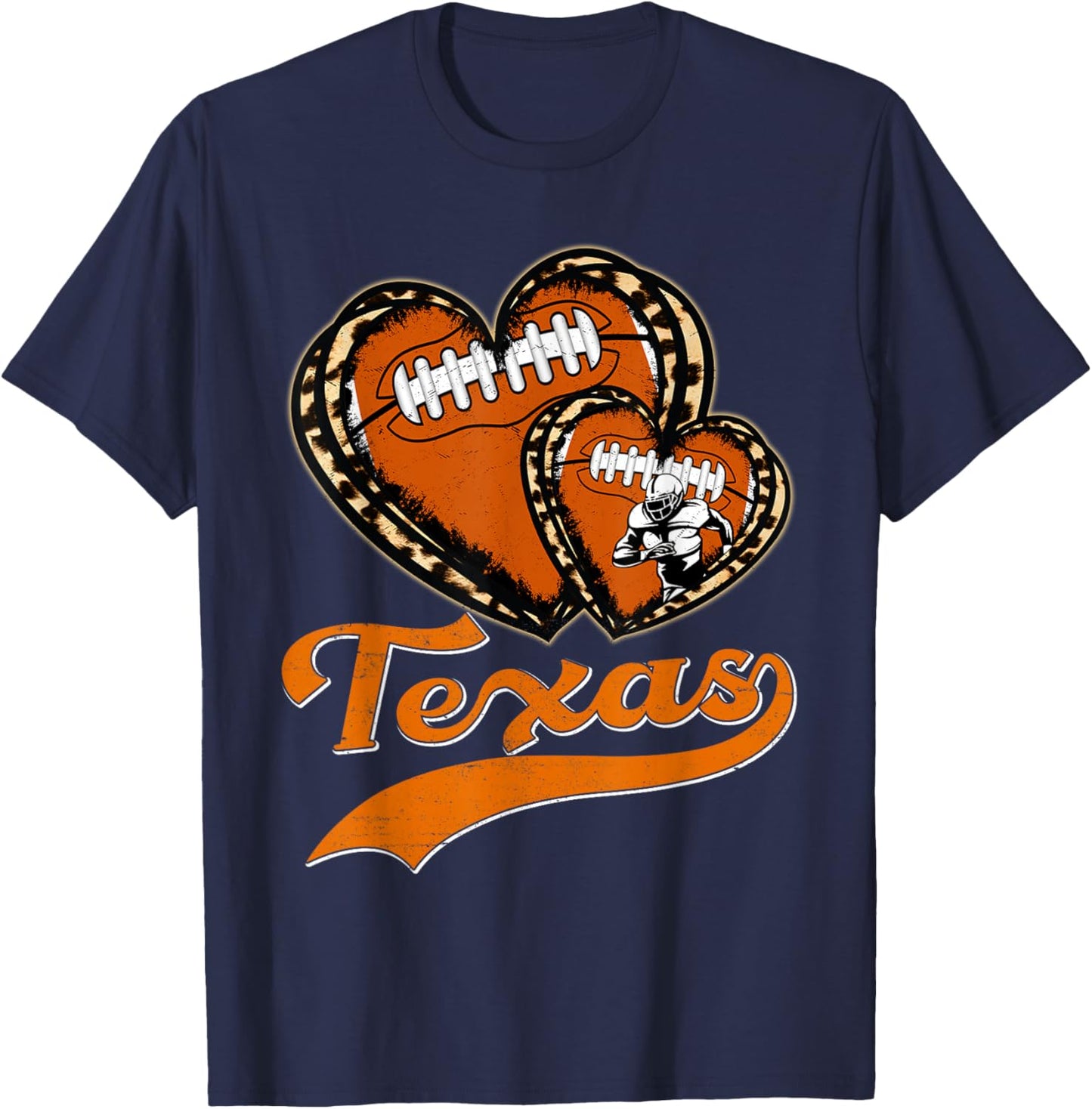 Vintage Leopard Heart Texas Football Player Sport Fans T-Shirt - T-Shirt | Navy