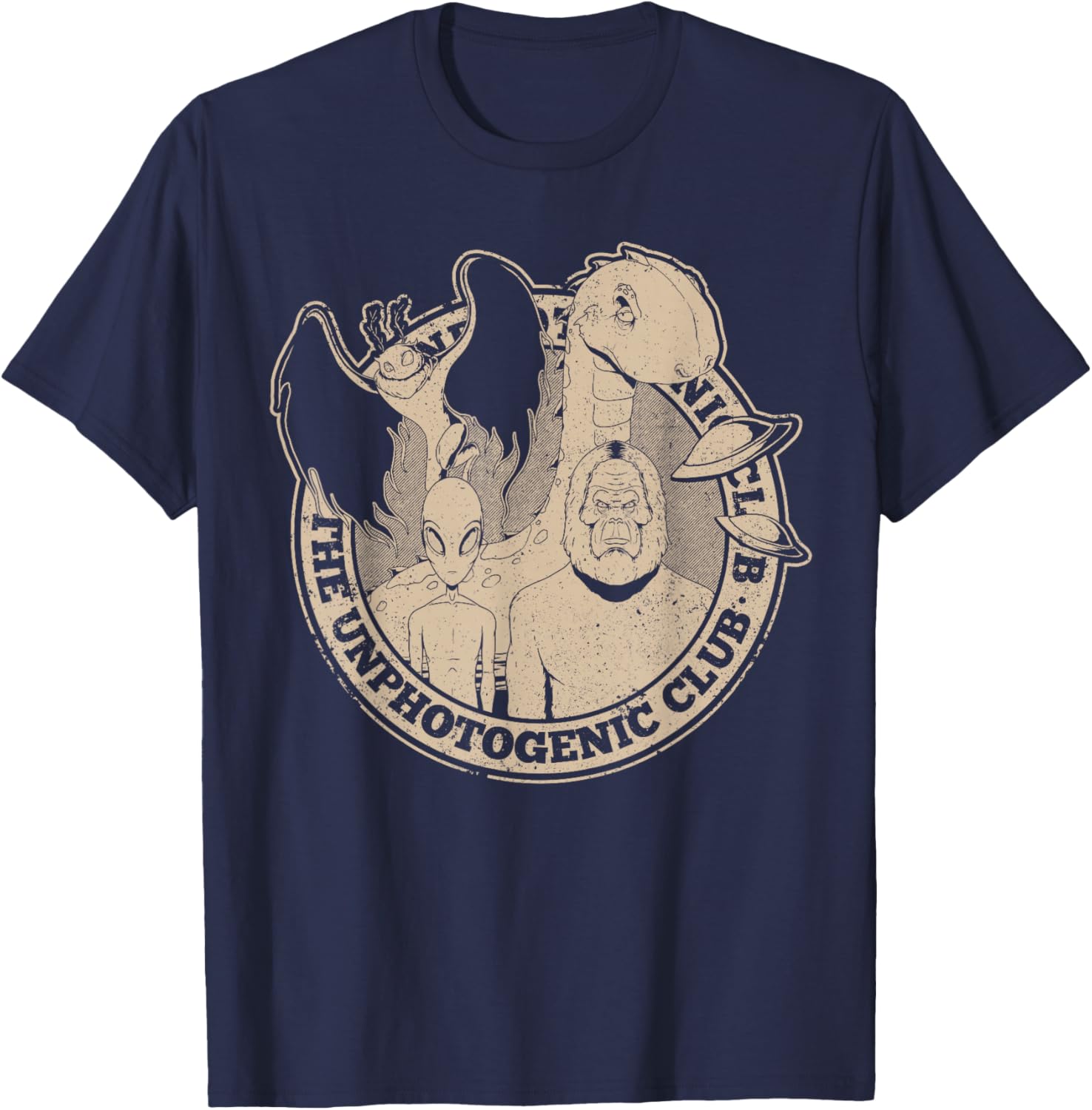 Unphotogenic Club Cryptid Alien Bigfoot Mothman Loch Ness T-Shirt - T-Shirt | Navy