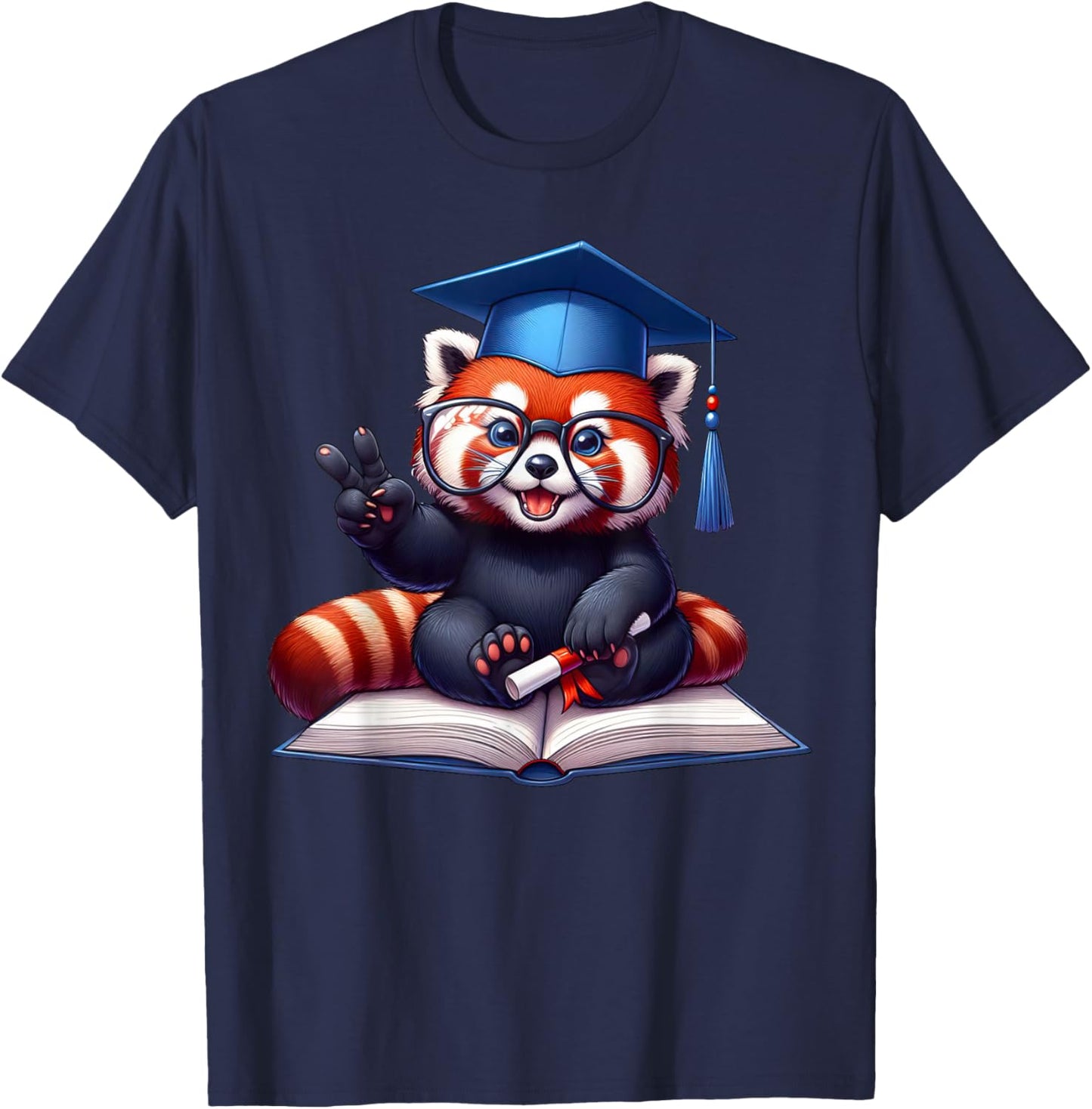 Peace Sign Hand Graduate Red Panda Graduation T-Shirt - T-Shirt | Navy