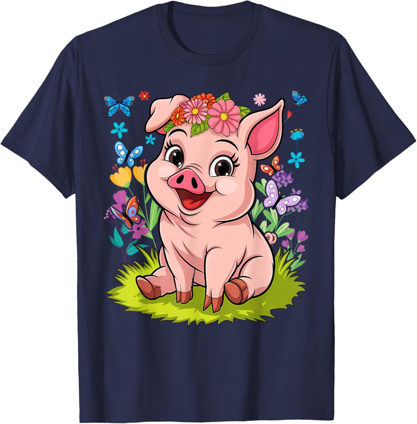 Cute Pig With Flowers I Kids Pig T-Shirt - T-Shirt | Navy