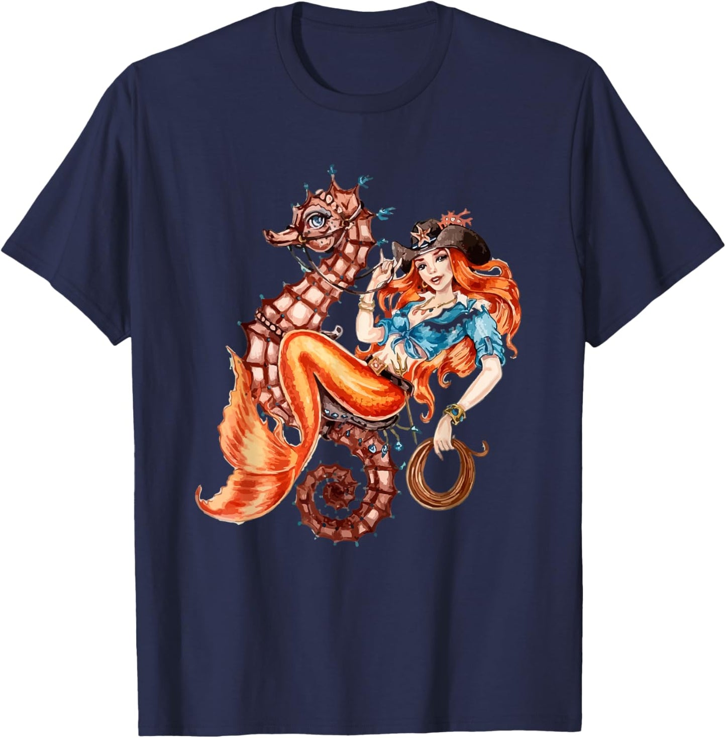 Mermaid Riding Seahorse Vintage Retro Cowgirl Rodeo T-Shirt - T-Shirt | Navy
