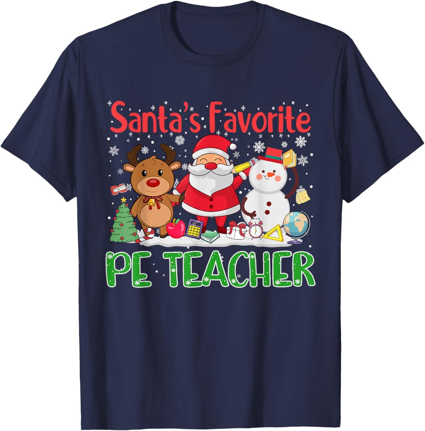 Santa's Favorite PE Teacher Christmas Men Women T-Shirt - T-Shirt | Navy