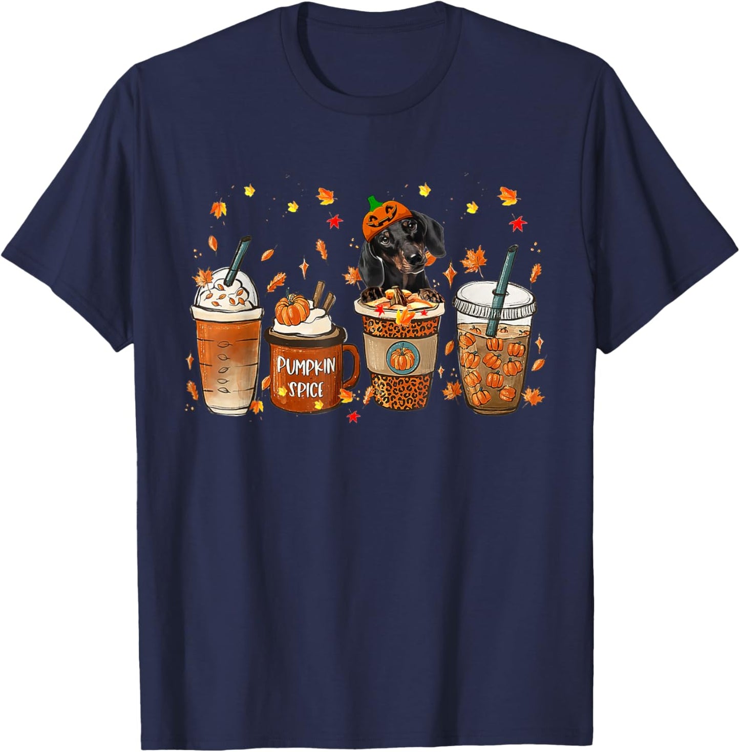 Dachshund Fall Coffee Pumpkin Spice Latte Iced Autumn T-Shirt - T-Shirt | Navy
