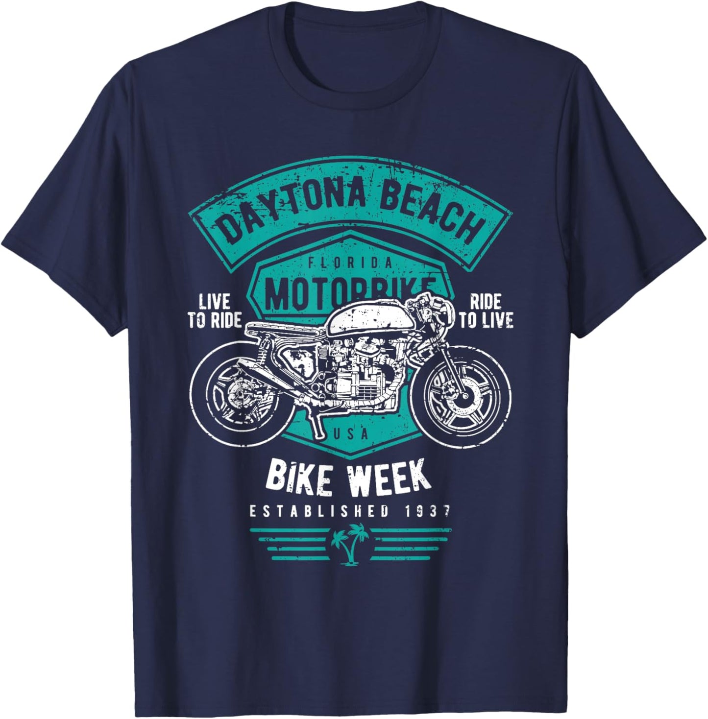 Daytona Beach Florida Distressed Motorcycle Design T-Shirt - T-Shirt | Navy