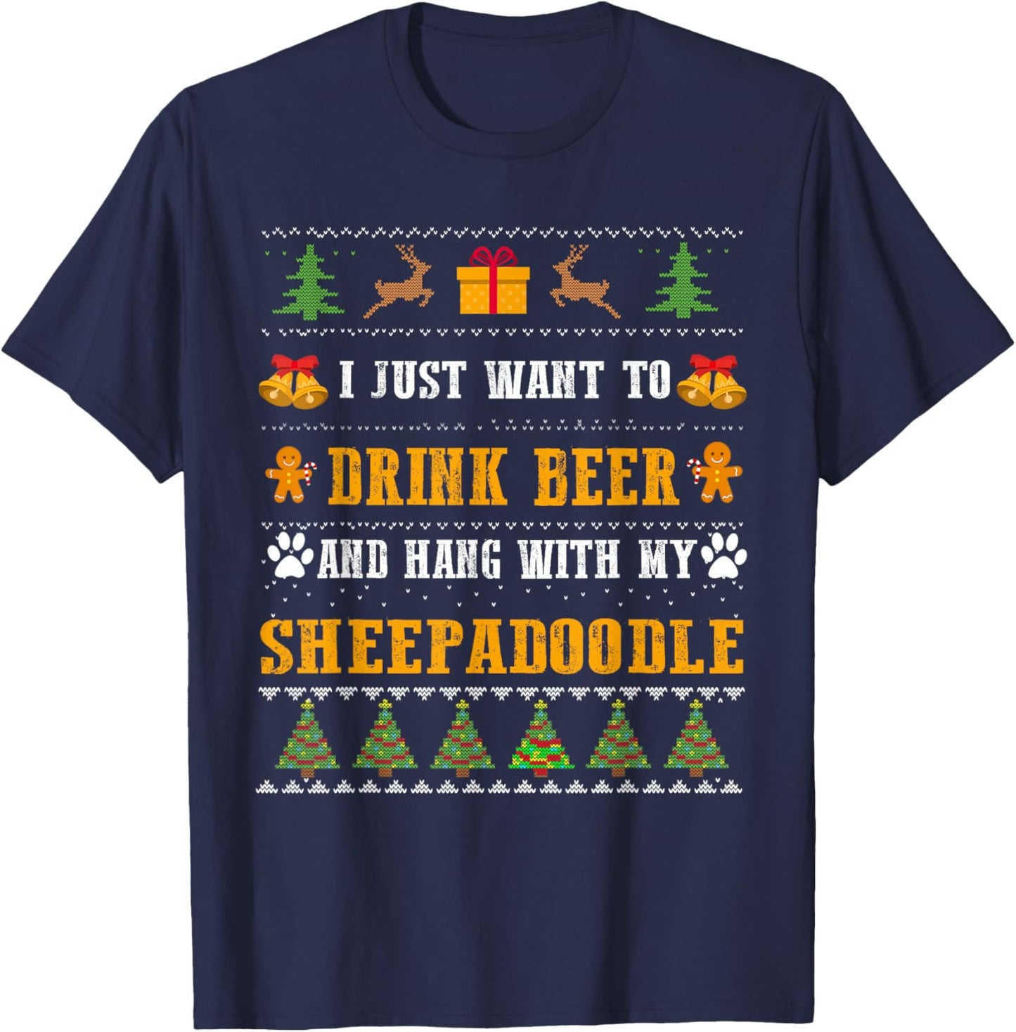 Drink Beer Funny Sheepadoodle Lovers Ugly Christmas Sweater T-Shirt - T-Shirt | Navy