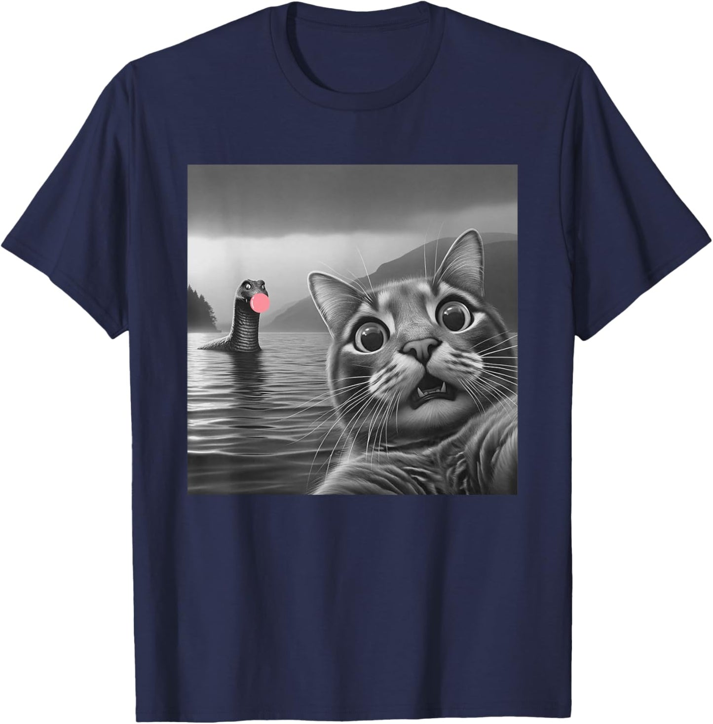 Funny Surprised Cat Selfie with Loch Ness Monster, Bubble Women Girls Kids T-Shirt - T-Shirt | Navy