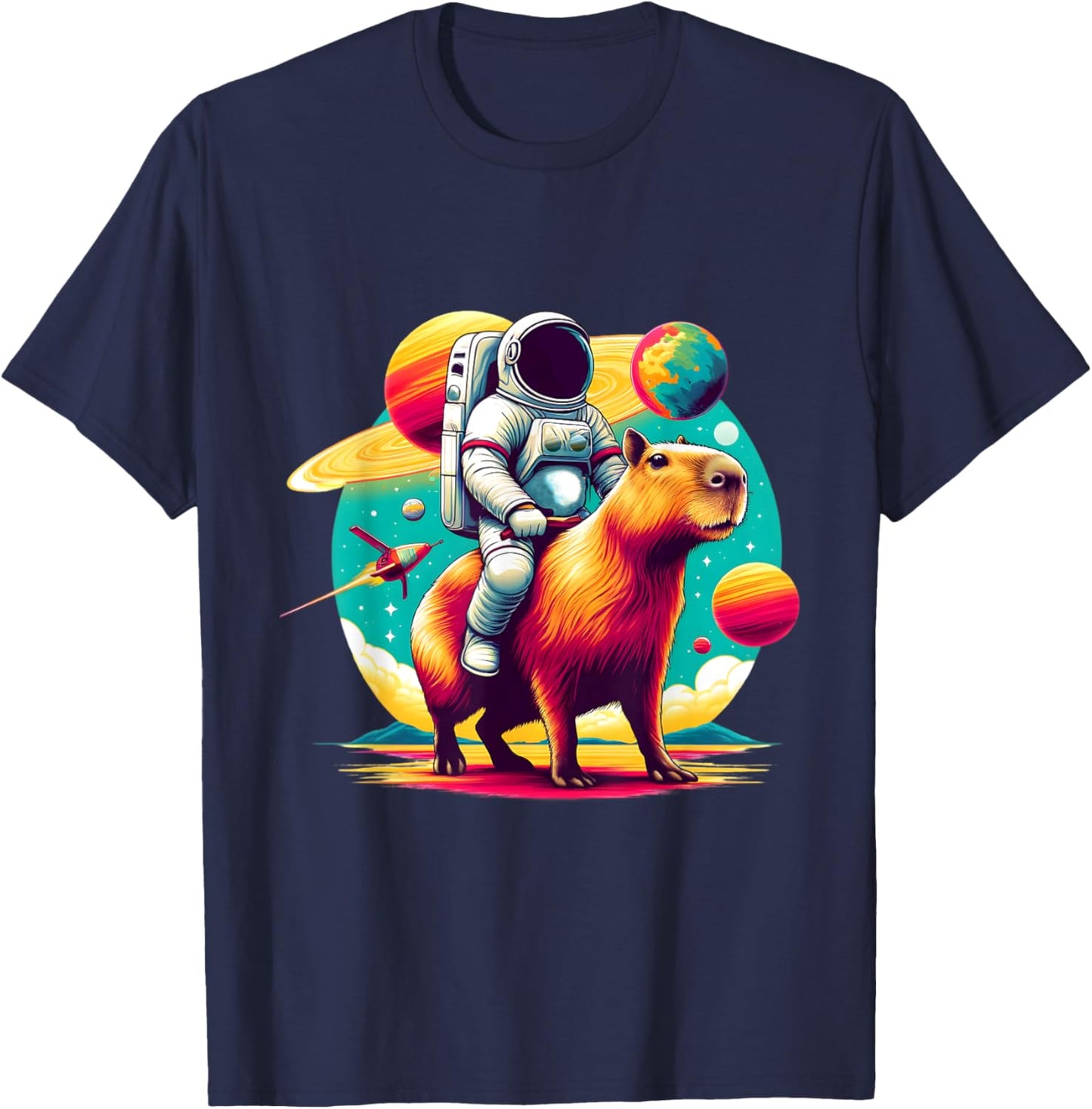 Space Astronaut Riding Capybara Lover Men Boys Funny Graphic T-Shirt - T-Shirt | Navy