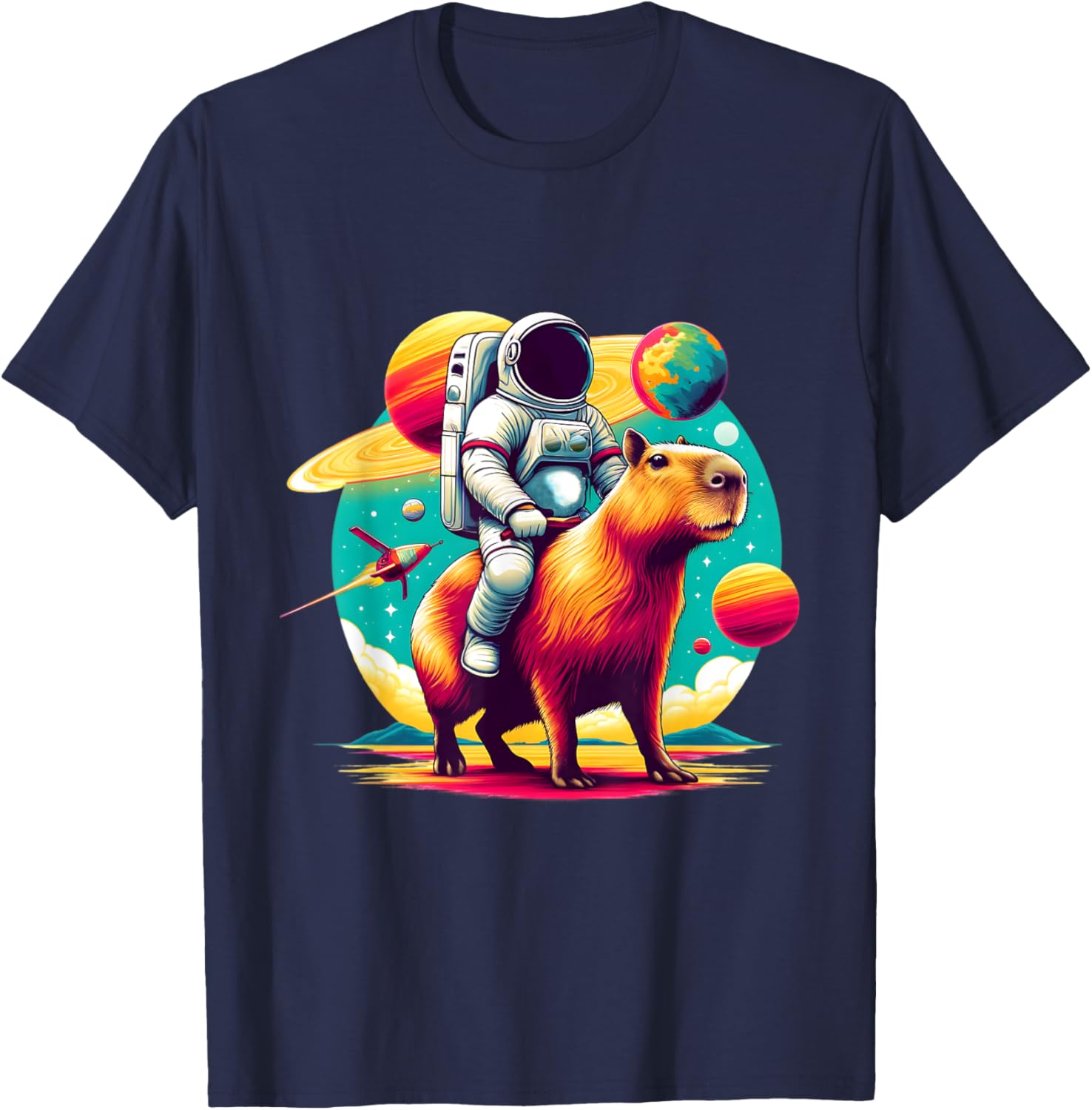 Space Astronaut Riding Capybara Lover Men Boys Funny Graphic T-Shirt - T-Shirt | Navy