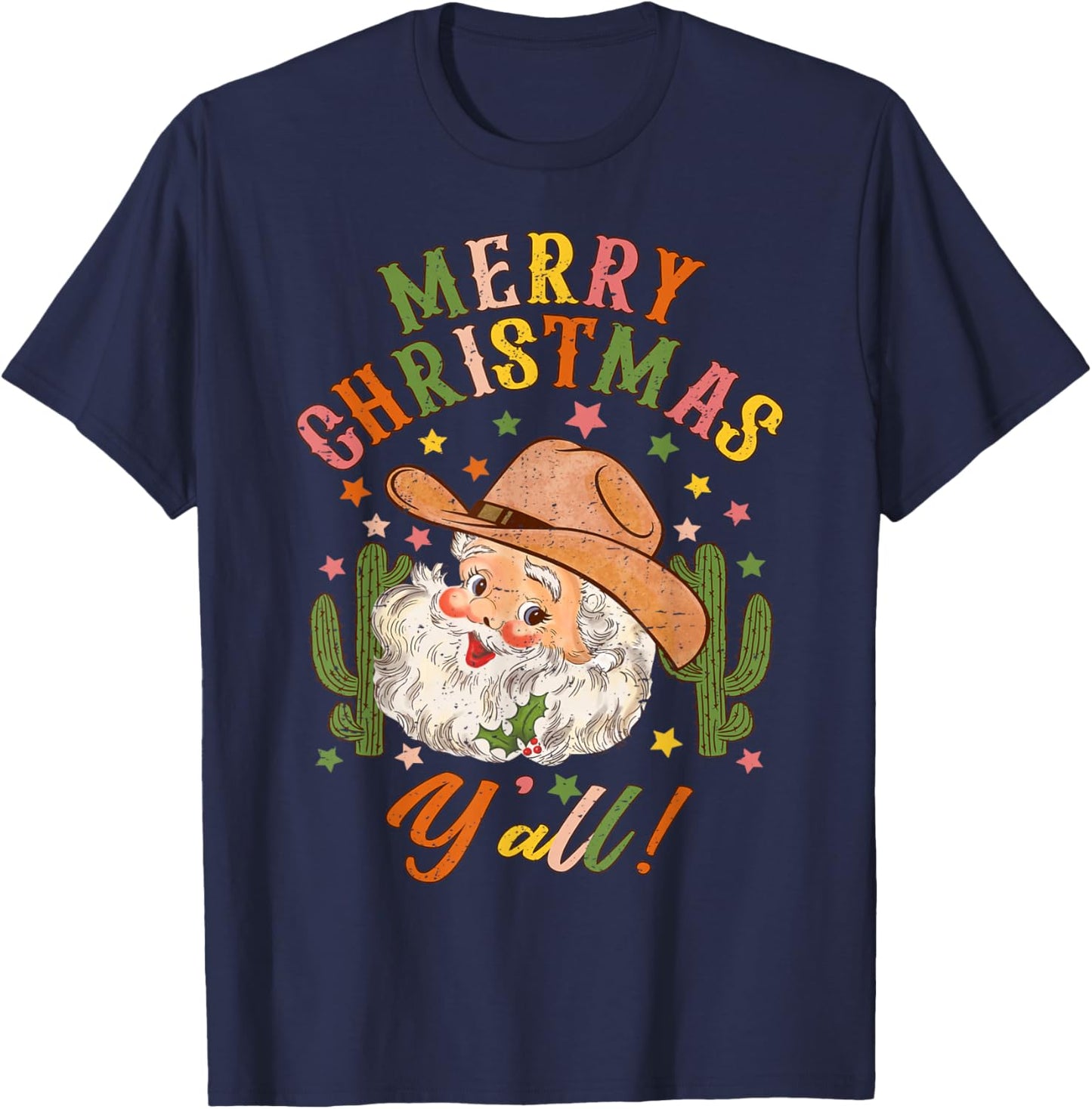 Merry Christmas Y'all Howdy Santa Cowgirl Cowboy Hat Xmas T-Shirt - T-Shirt | Navy