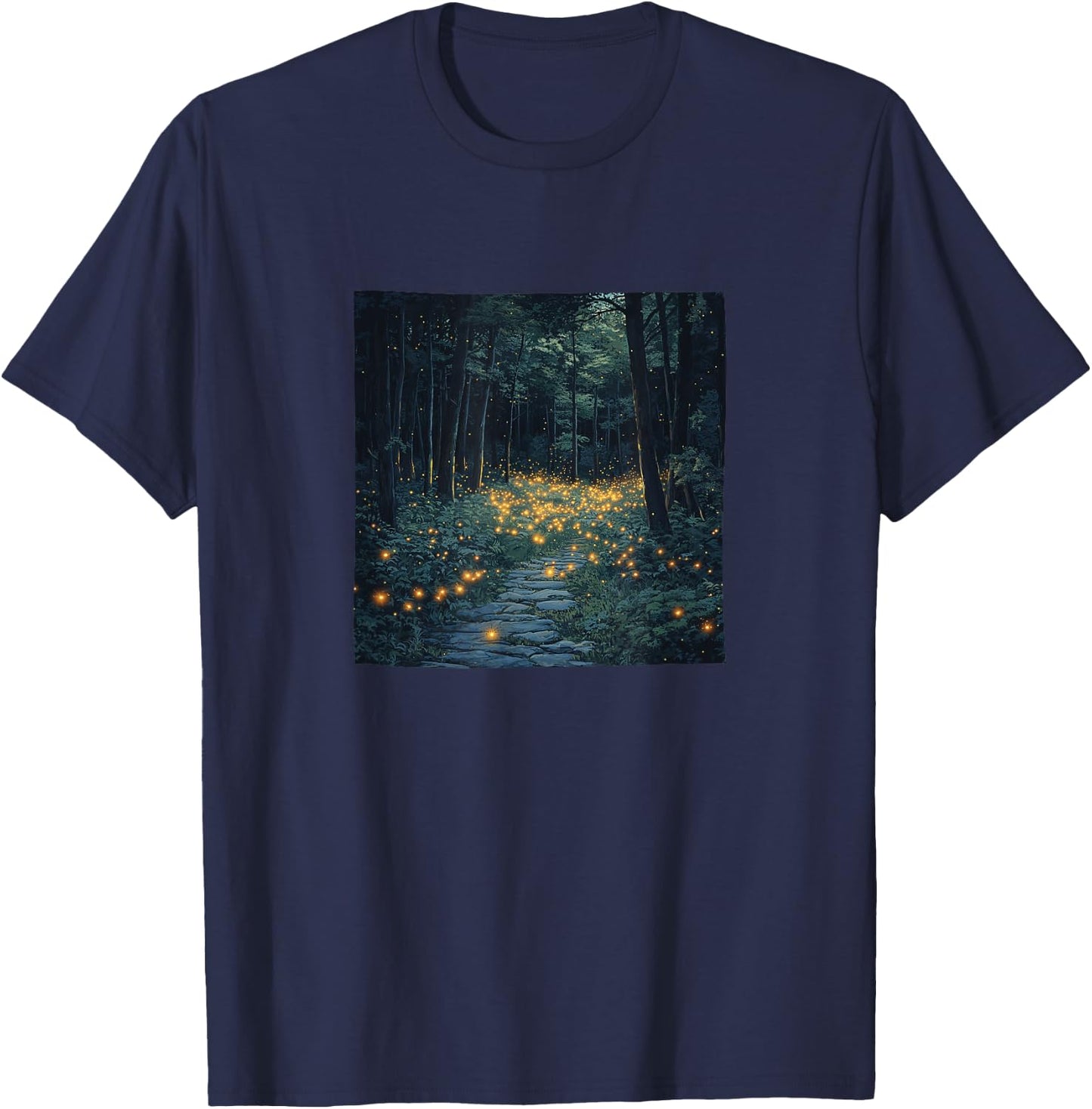 Forest With Fireflies Vintage Landscape Graphic T-Shirt - T-Shirt | Navy