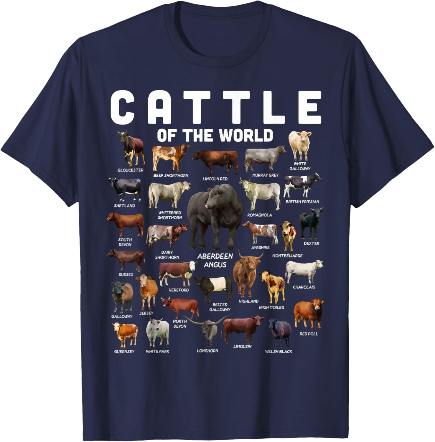 Cow Shirt Cattle Of The World Types Of Cows Funny Farmer T-Shirt - T-Shirt | Navy