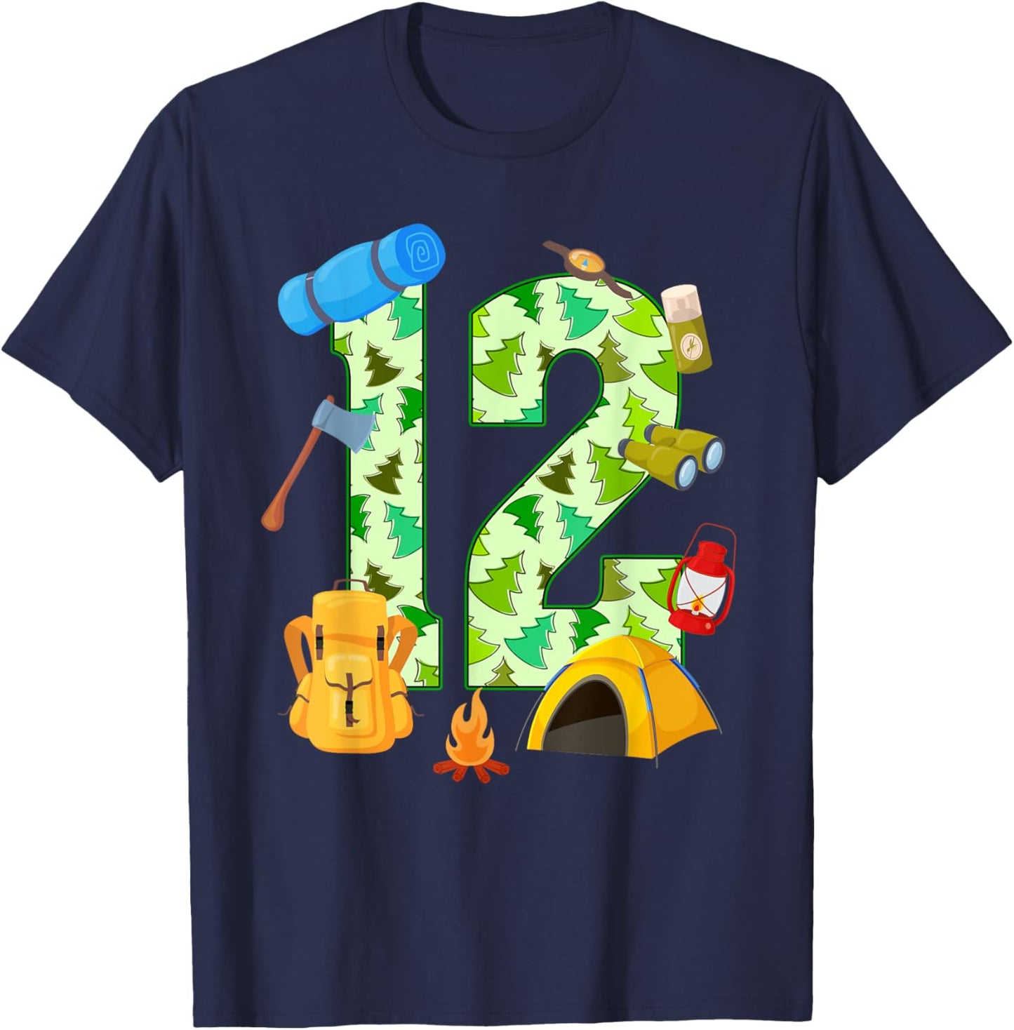 12th Birthday Camping Theme 12 Year Old Birthday Kids T-Shirt - T-Shirt | Navy