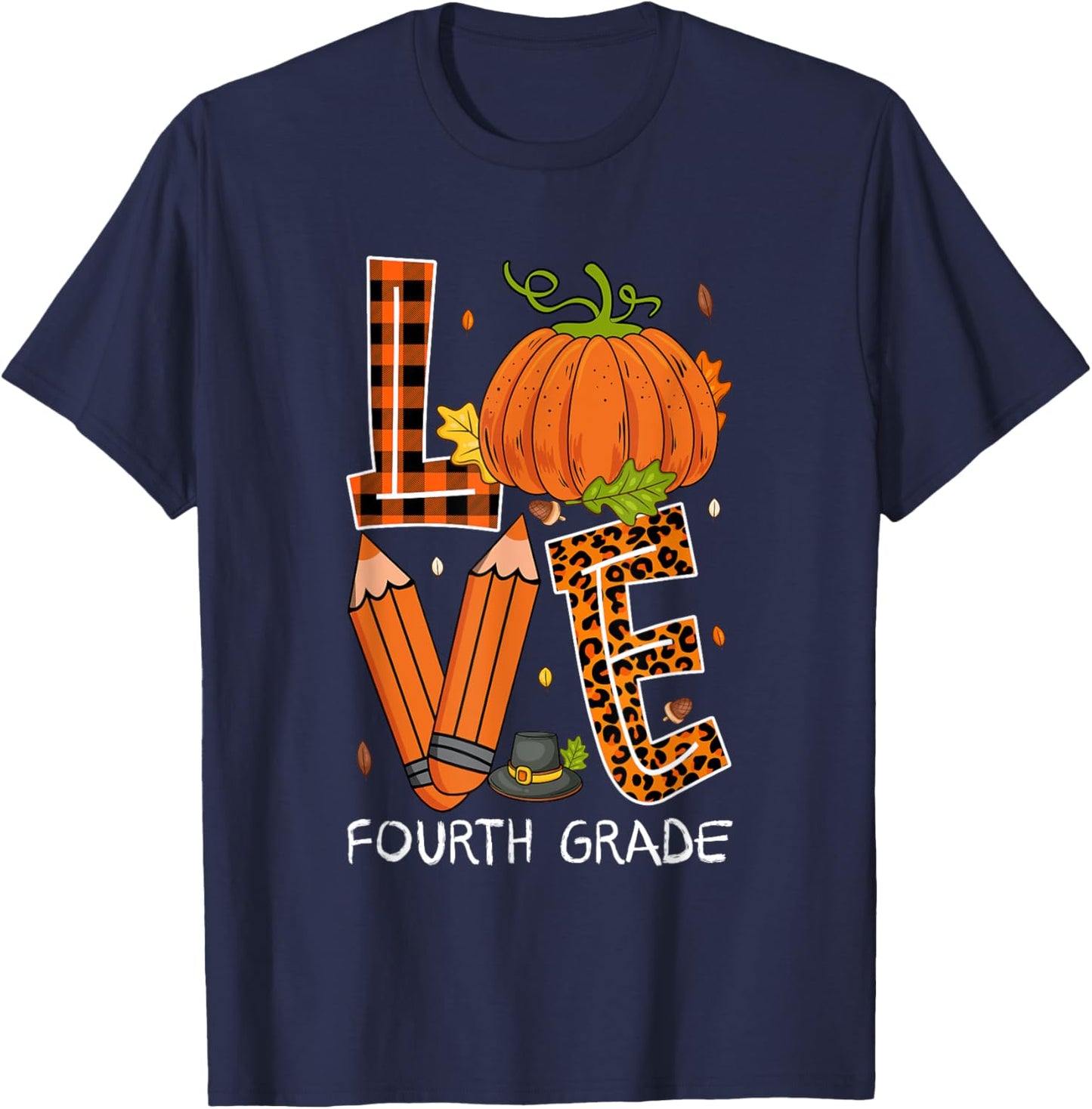 Love Fourth Grade Costume Pumpkin Pencils Thanksgiving Fall T-Shirt - T-Shirt | Navy