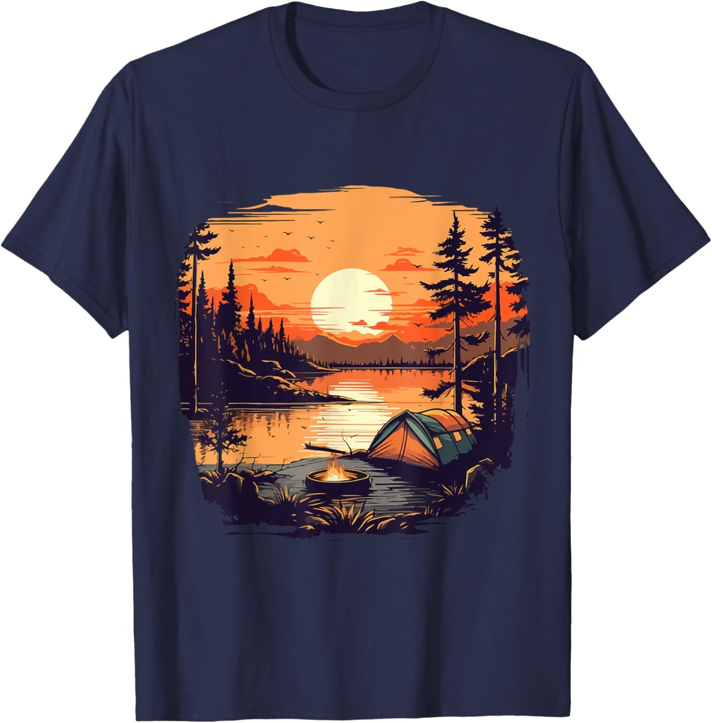 Camping Tent Outdoors Mountains Vintage Sunset T-Shirt - T-Shirt | Navy
