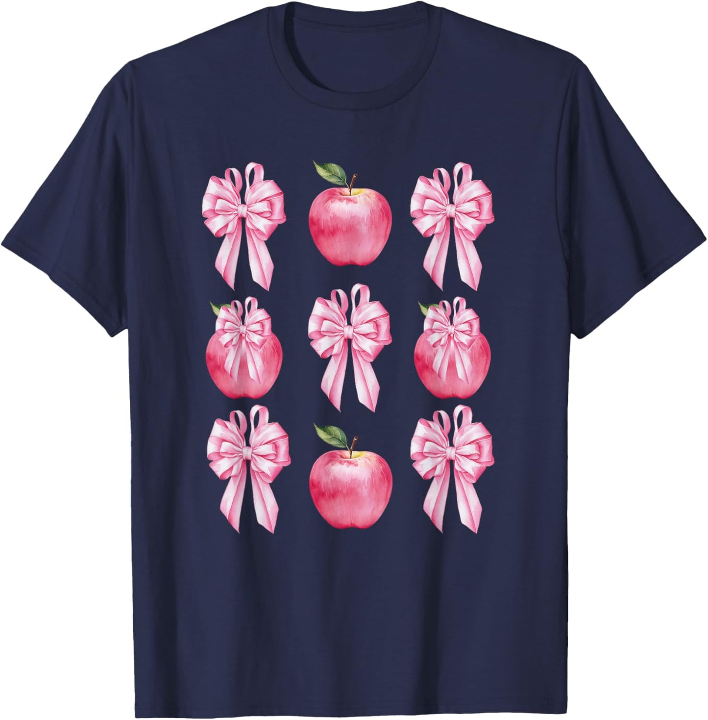 Pink Coquette Bow Apple Kid Back To School First Day Teacher T-Shirt - T-Shirt | Navy