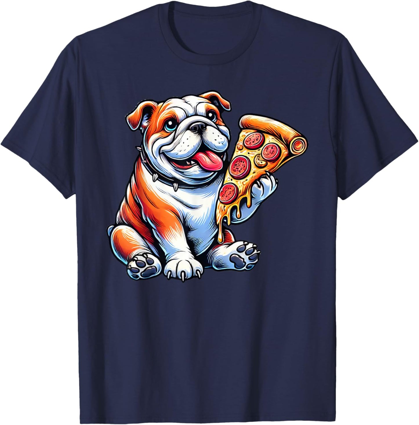 Cute English Bulldog Dog Eating Pizza T-Shirt - T-Shirt | Navy
