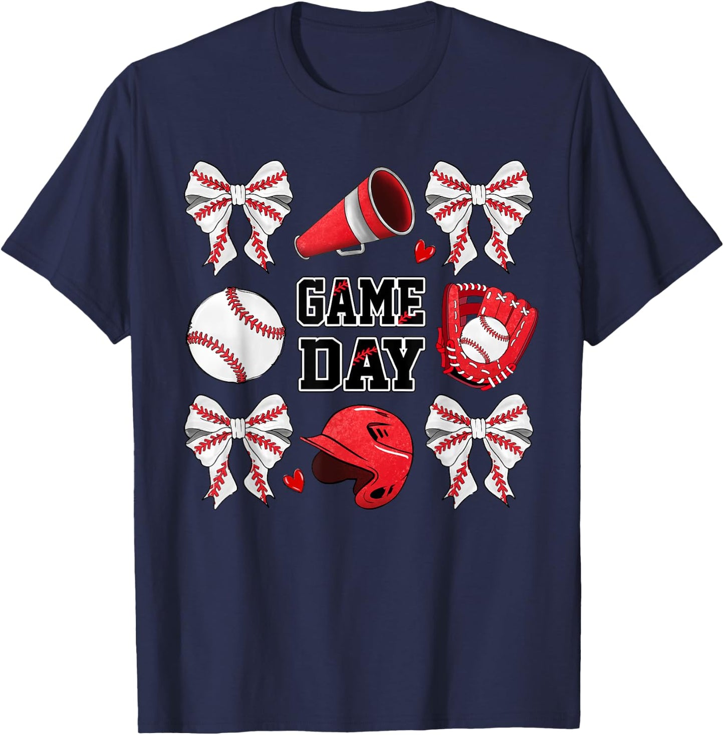 Game Day Baseball Bow Coquette Funny Baseball Lovers T-Shirt - T-Shirt | Navy