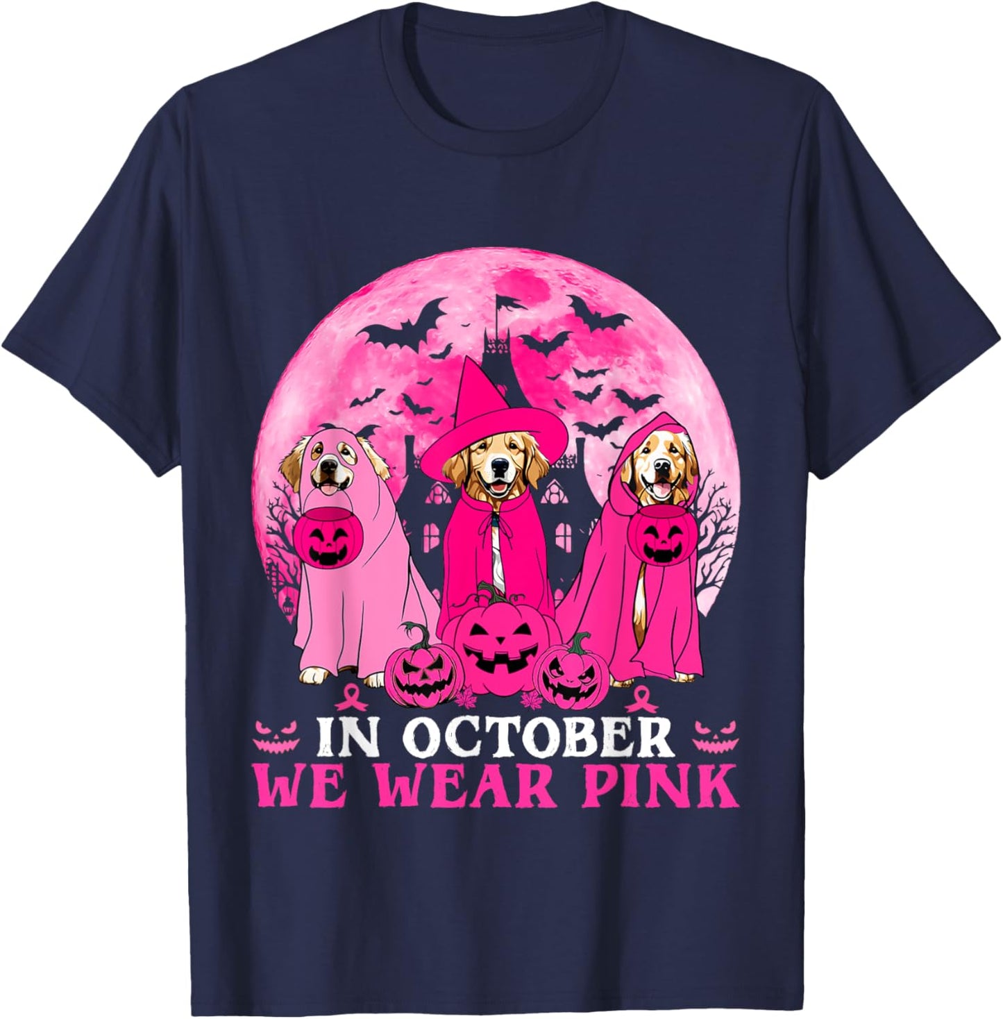 Ghost And Witch Golden Retriever In October We Wear Pink T-Shirt - T-Shirt | Navy