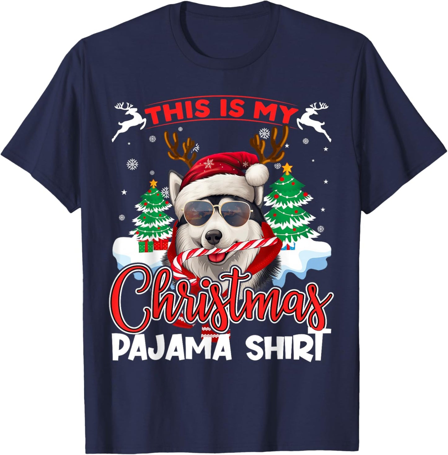Siberian Husky Santa Christmas Pajama Xmas Family Matching T-Shirt - T-Shirt | Navy